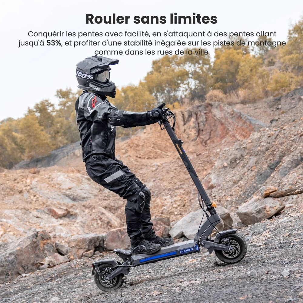Ausom DT2 Pro Trottinette électrique, moteur 2 x 1 100 W, 52 V 23,4 Ah, pneus 10 x 3 pouces, vitesse maximale de 68 km/h, autonomie maximale de 115 km, freins à disque hydrauliques avant et arrière, suspension à bras oscillant