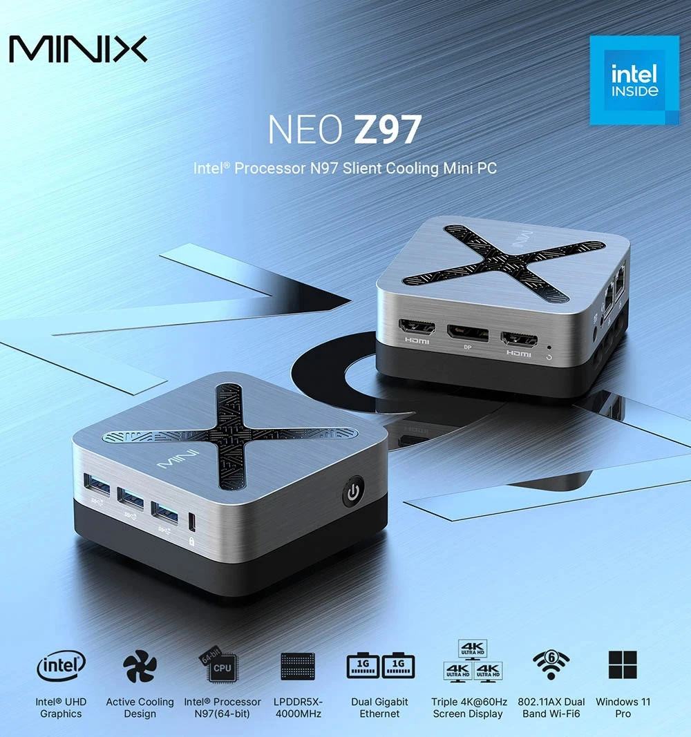 MINIX NEO Z97 Mini PC, Intel N97 4 πυρήνες Max 3.6GHz, 12GB LPDDR5X RAM 512GB SSD, WiFi 6 Bluetooth 5.2, 2*HDMI+1*DP 4K τριπλή οθόνη, 3*USB3.2, 2*RJ45, 1*Audio, ενεργή ψύξη