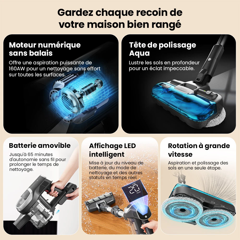 JIMMY JV9 Pro Aqua Aspirateur sans fil, 160AW puissance d’aspiration, autonomie 45min, filtre HEPA, réservoir à poussière 0,6L, réservoir d’eau 500ml, écran LED, gris
