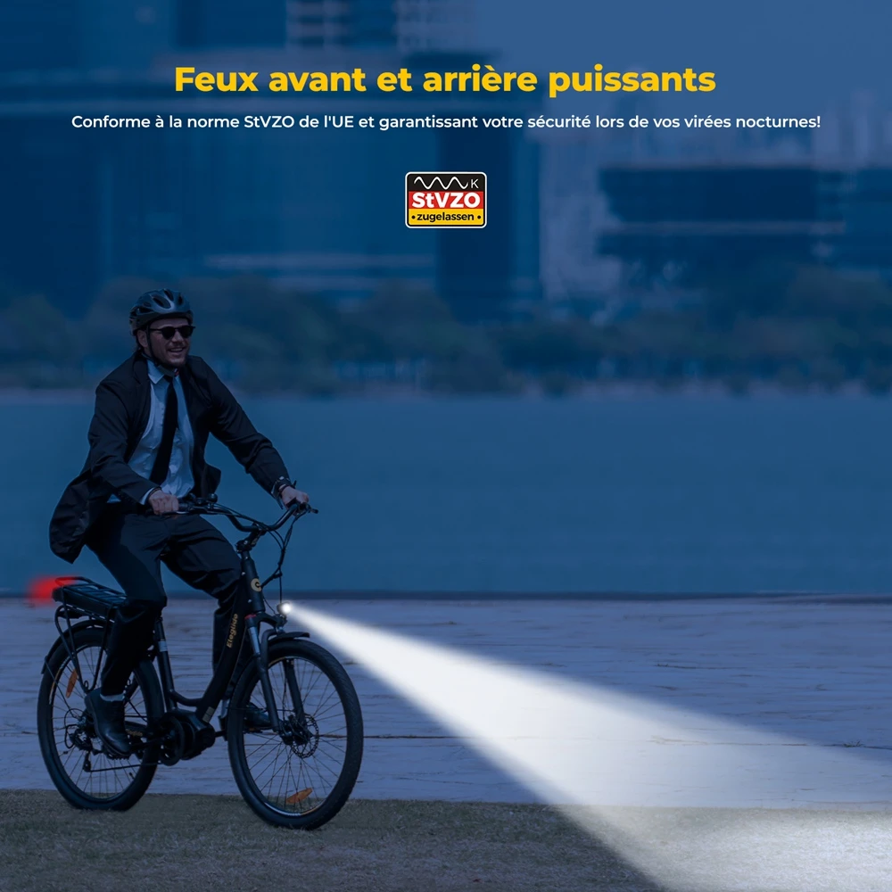 Eleglide C2 Vélo électrique, moteur central 250 W, batterie 36 V 13 Ah, pneus 26 pouces, vitesse maximale 25 km/h, autonomie 100 km, freins à disque hydrauliques, suspension avec blocage, transmission Shimano 7 vitesses