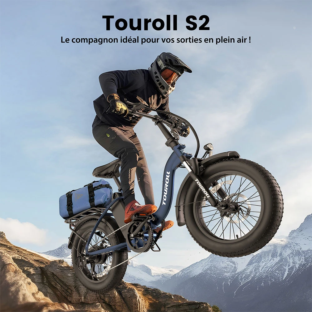 Touroll S2 Vélo électrique, puissance maximale de 650 W, batterie 48 V 15 Ah, pneu 20 x 4,0 pouces, vitesse maximale de 25 km/h, autonomie maximale de 150 km, frein à disque mécanique et frein électrique, amortisseur mécanique, Shimano 7 vitesses