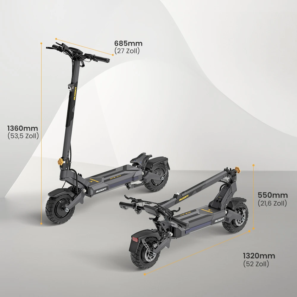 Ausom DT2 Pro Elektroroller, 2 x 1100 W Motor, 52 V 23,4 Ah, 10 x 3,0 Zoll Reifen, 68 km/h Höchstgeschwindigkeit, 115 km maximale Reichweite, hydraulische Scheibenbremsen vorne und hinten, Schwingenaufhängung
