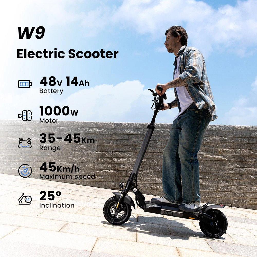 iScooter W9 Trottinette électrique, moteur 1000 W, batterie 48 V 14 Ah, pneus 10 pouces, vitesse maximale 45 km/h, autonomie 45 km, freins à disque avant et arrière, double absorption des chocs, écran LCD