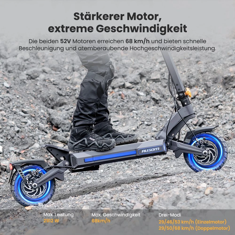Ausom DT2 Pro Elektroroller, 2 x 1100 W Motor, 52 V 23,4 Ah, 10 x 3,0 Zoll Reifen, 68 km/h Höchstgeschwindigkeit, 115 km maximale Reichweite, hydraulische Scheibenbremsen vorne und hinten, Schwingenaufhängung