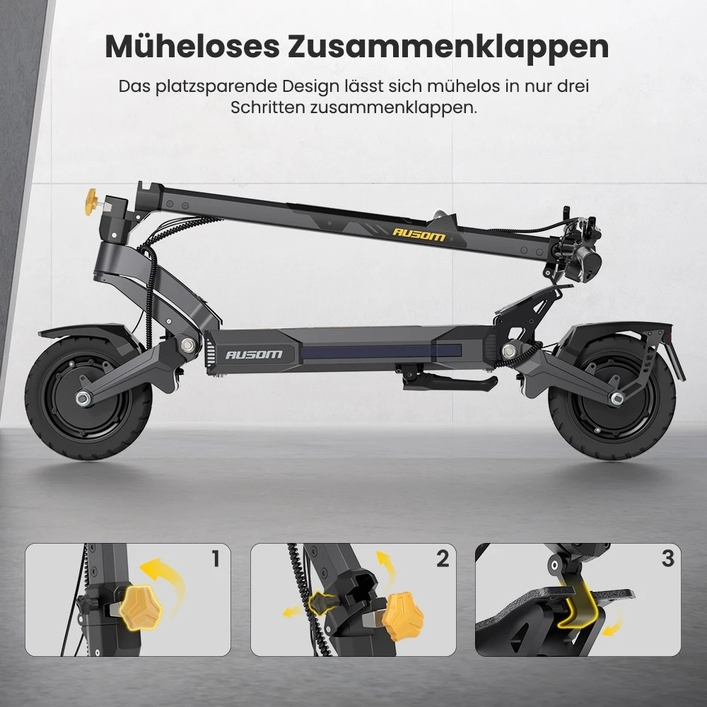 Ausom DT2 Pro Elektroroller, 2 x 1100 W Motor, 52 V 23,4 Ah, 10 x 3,0 Zoll Reifen, 68 km/h Höchstgeschwindigkeit, 115 km maximale Reichweite, hydraulische Scheibenbremsen vorne und hinten, Schwingenaufhängung