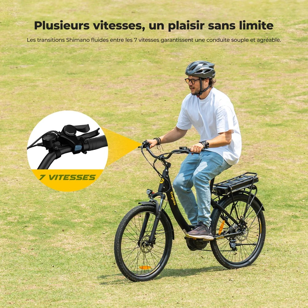 Eleglide C2 Vélo électrique, moteur central 250 W, batterie 36 V 13 Ah, pneus 26 pouces, vitesse maximale 25 km/h, autonomie 100 km, freins à disque hydrauliques, suspension avec blocage, transmission Shimano 7 vitesses
