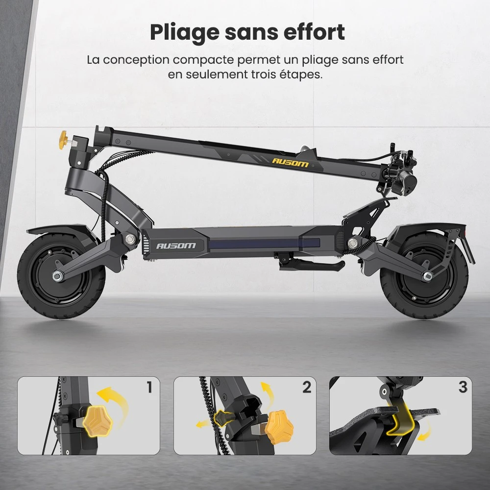 Ausom DT2 Pro Trottinette électrique, moteur 2 x 1 100 W, 52 V 23,4 Ah, pneus 10 x 3 pouces, vitesse maximale de 68 km/h, autonomie maximale de 115 km, freins à disque hydrauliques avant et arrière, suspension à bras oscillant