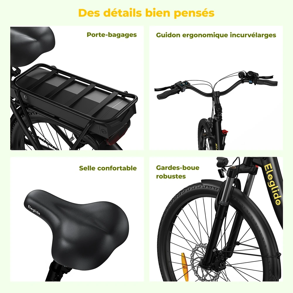 Eleglide C2 Vélo électrique, moteur central 250 W, batterie 36 V 13 Ah, pneus 26 pouces, vitesse maximale 25 km/h, autonomie 100 km, freins à disque hydrauliques, suspension avec blocage, transmission Shimano 7 vitesses