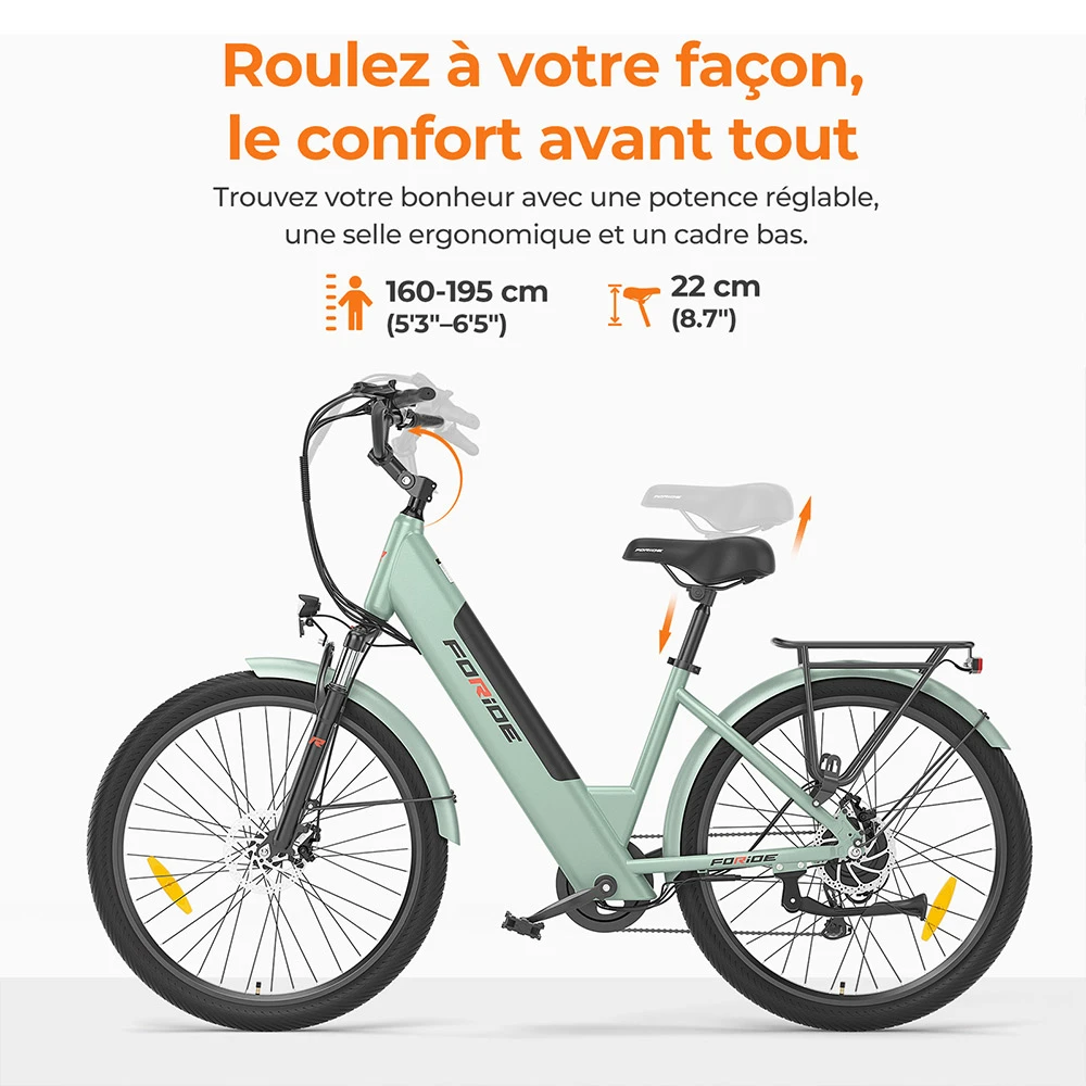 Foride Roamer 1 Vélo électrique, moteur 250 W, batterie 36 V 13 Ah, pneus 27,5 pouces, vitesse maximale 25 km/h, autonomie maximale 100 km, frein à disque, suspension avec blocage, Shimano 7 vitesses - Vert