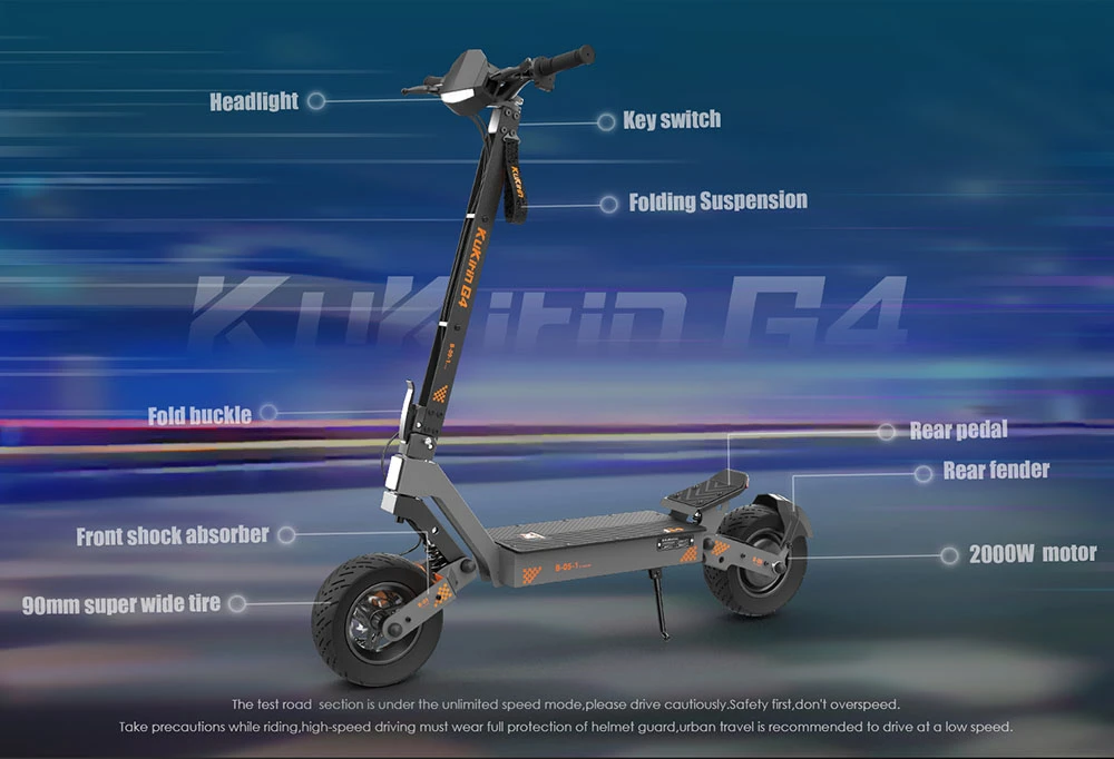 Trotinetă electrică KuKirin G4, 2 motoare de 1000 W, baterie de 60 V și 20 Ah, anvelope de 11 inch, viteză maximă de 70 km/h, autonomie de 75 km, frâne cu disc față și spate, amortizor cu patru brațe