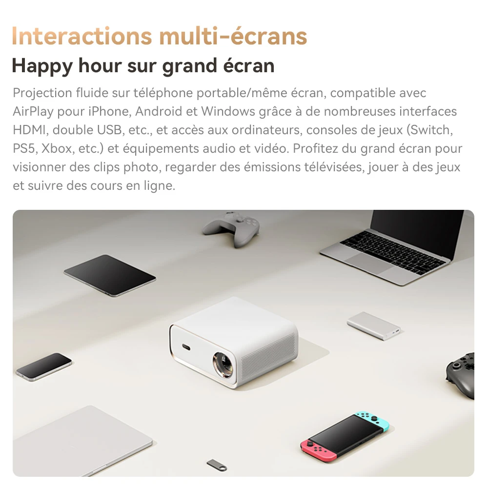 Projecteur Wanbo X5, 1100 lumens ANSI, 1080P natif, correction automatique du trapèze, WiFi 6 double bande, 1 Go/16 Go, Bluetooth 5.0