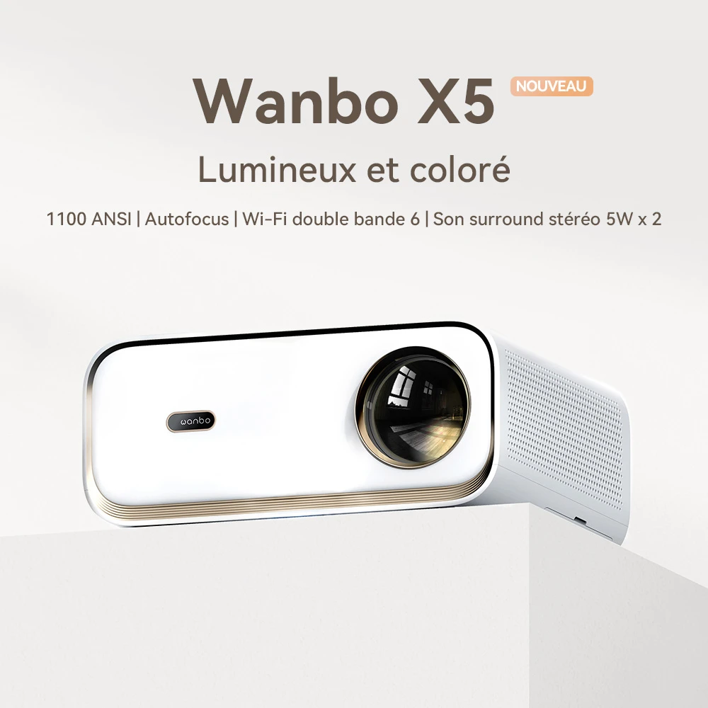 Projecteur Wanbo X5, 1100 lumens ANSI, 1080P natif, correction automatique du trapèze, WiFi 6 double bande, 1 Go/16 Go, Bluetooth 5.0