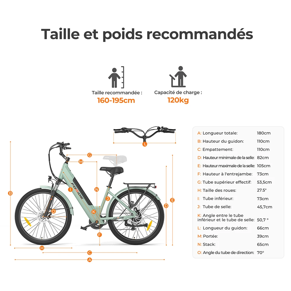 Foride Roamer 1 Vélo électrique, moteur 250 W, batterie 36 V 13 Ah, pneus 27,5 pouces, vitesse maximale 25 km/h, autonomie maximale 100 km, frein à disque, suspension avec blocage, Shimano 7 vitesses - Vert