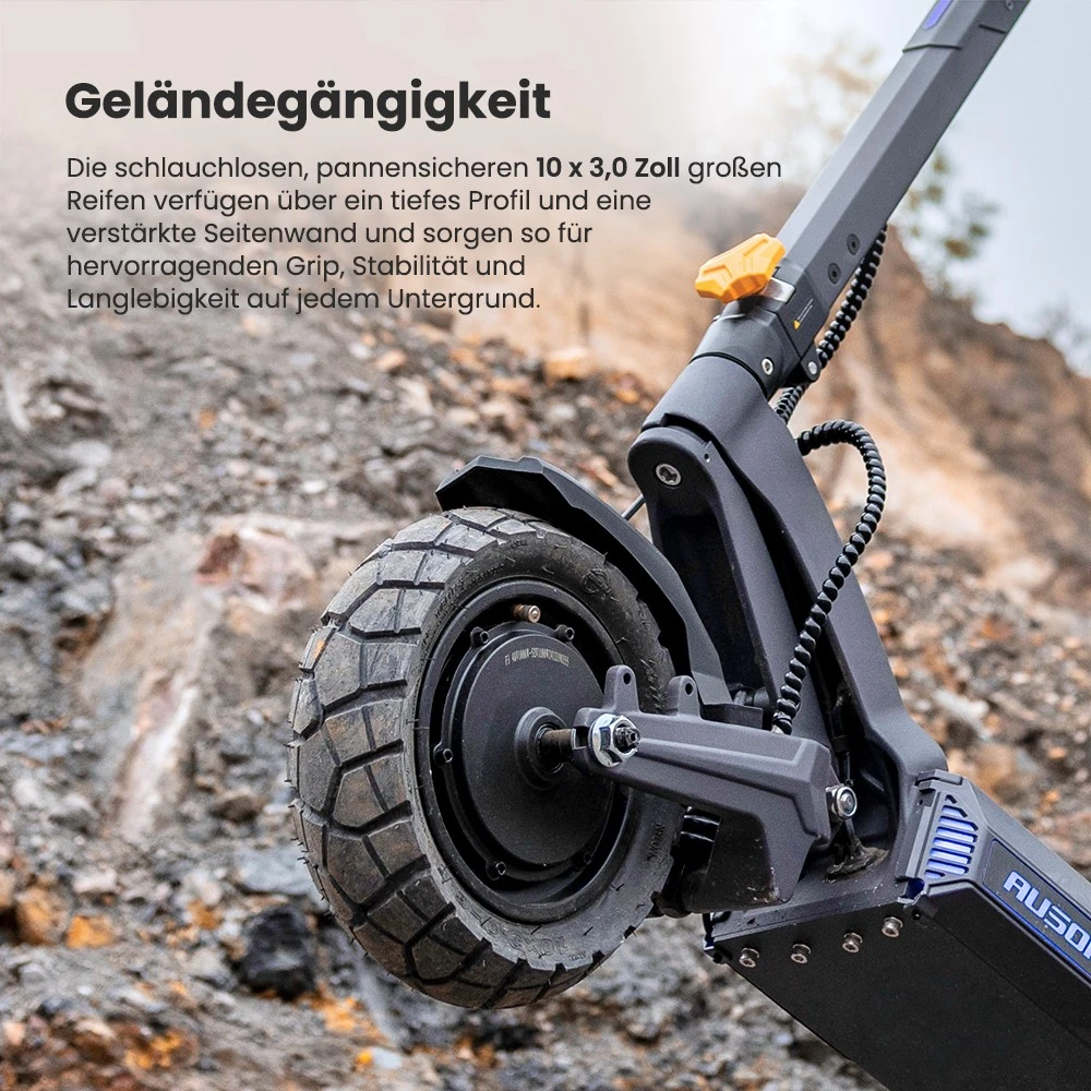 Ausom DT2 Pro Elektroroller, 2 x 1100 W Motor, 52 V 23,4 Ah, 10 x 3,0 Zoll Reifen, 68 km/h Höchstgeschwindigkeit, 115 km maximale Reichweite, hydraulische Scheibenbremsen vorne und hinten, Schwingenaufhängung
