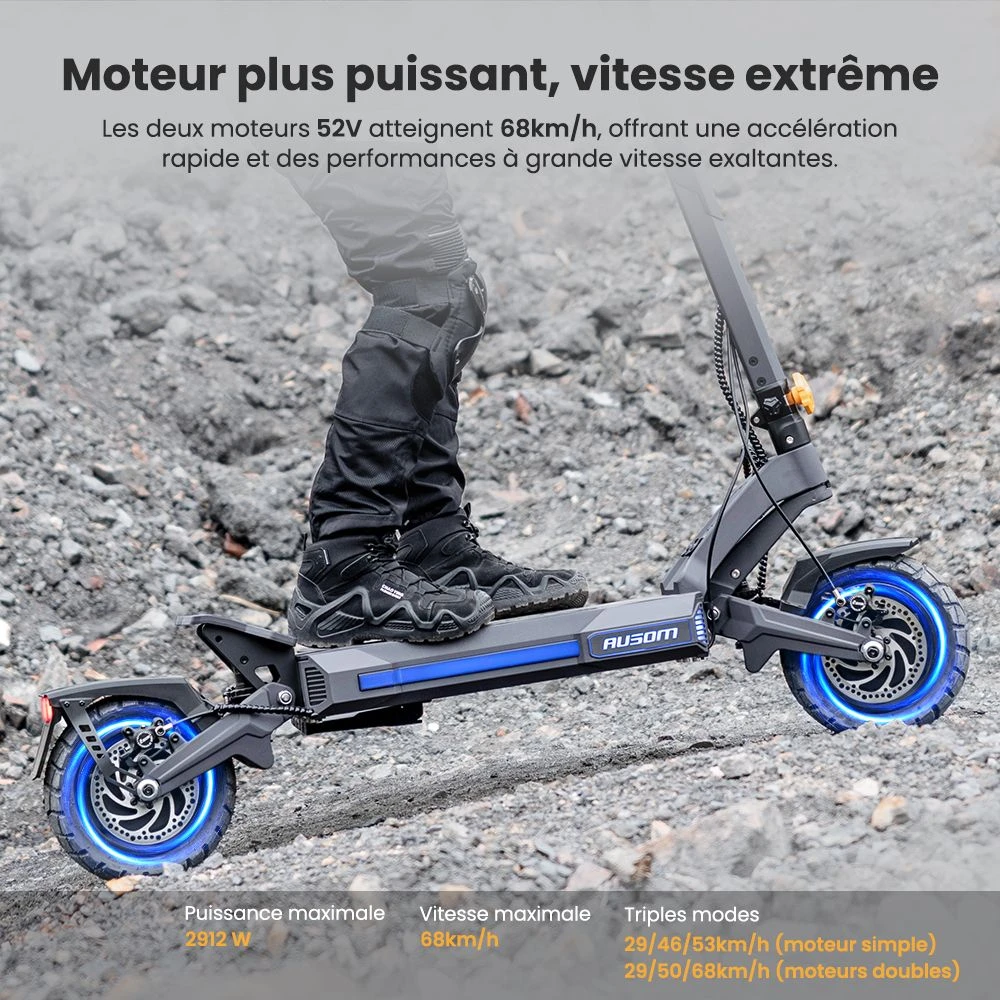 Ausom DT2 Pro Trottinette électrique, moteur 2 x 1 100 W, 52 V 23,4 Ah, pneus 10 x 3 pouces, vitesse maximale de 68 km/h, autonomie maximale de 115 km, freins à disque hydrauliques avant et arrière, suspension à bras oscillant