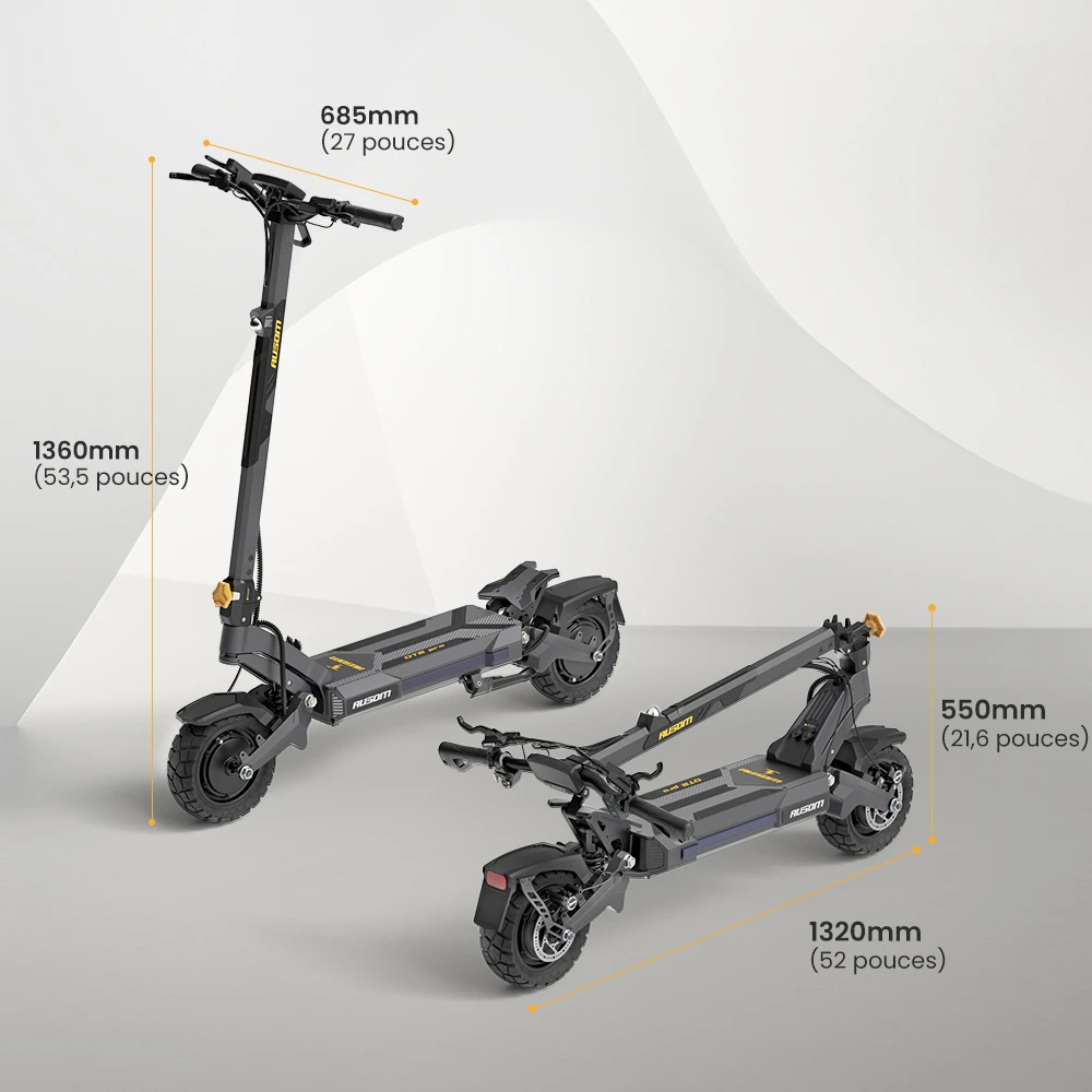 Ausom DT2 Pro Trottinette électrique, moteur 2 x 1 100 W, 52 V 23,4 Ah, pneus 10 x 3 pouces, vitesse maximale de 68 km/h, autonomie maximale de 115 km, freins à disque hydrauliques avant et arrière, suspension à bras oscillant