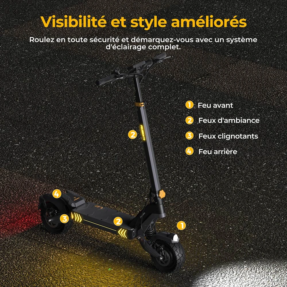 Ausom L2 Trottinette électrique, moteur 2 x 800 W, batterie 48 V 15,6 Ah, pneus 10 pouces, vitesse maximale 55 km/h, autonomie 70 km, freins à disque avant et arrière, suspension à bras oscillant, écran LCD
