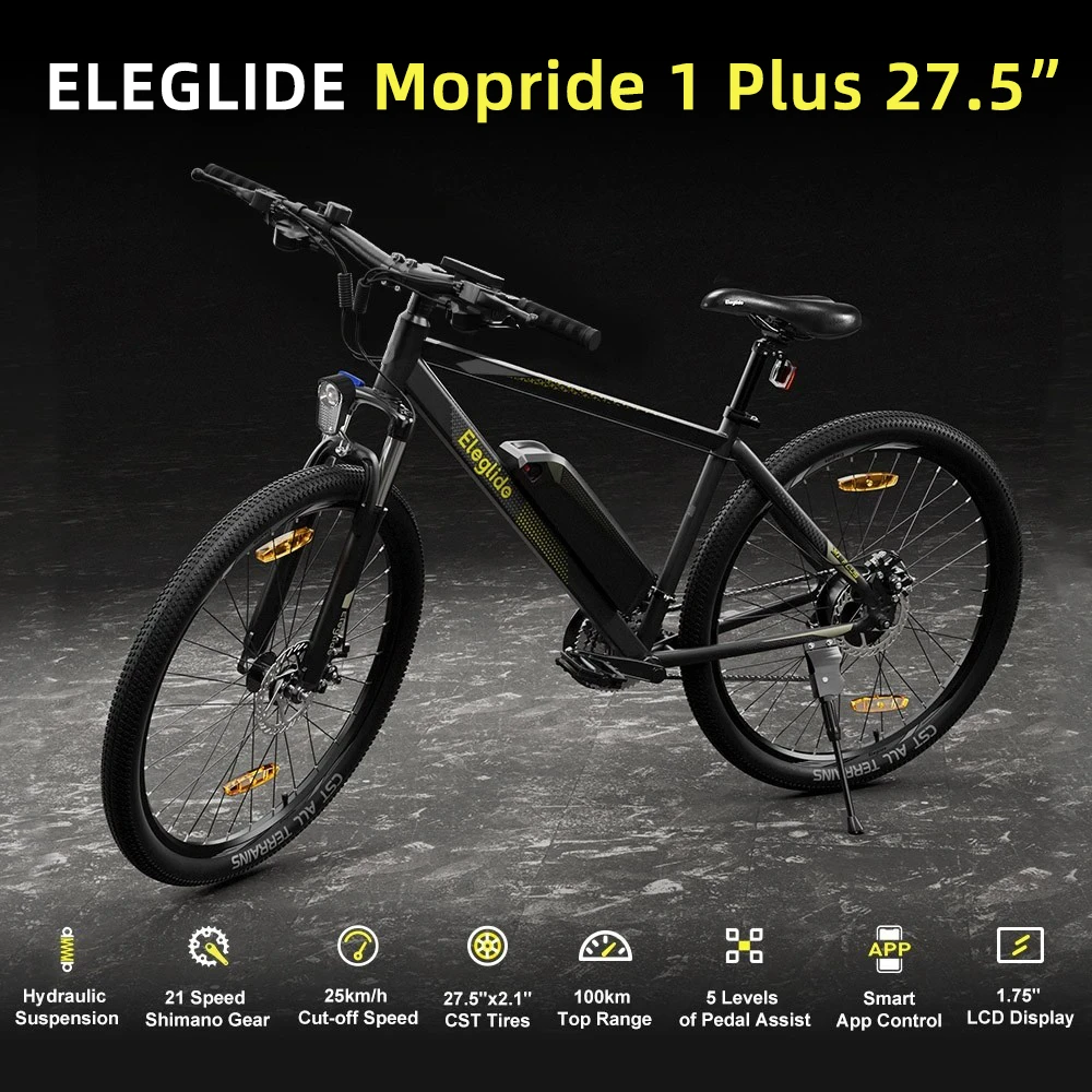 Moped electric Eleglide Mopride 1 Plus, anvelopă de 27,5 inch, motor de 250W, baterii duble de 36V și 12,5Ah, viteză de 25 km/h, 21 de viteze, schimbător Shimano, frână cu disc dublu, control prin aplicație - Gri
