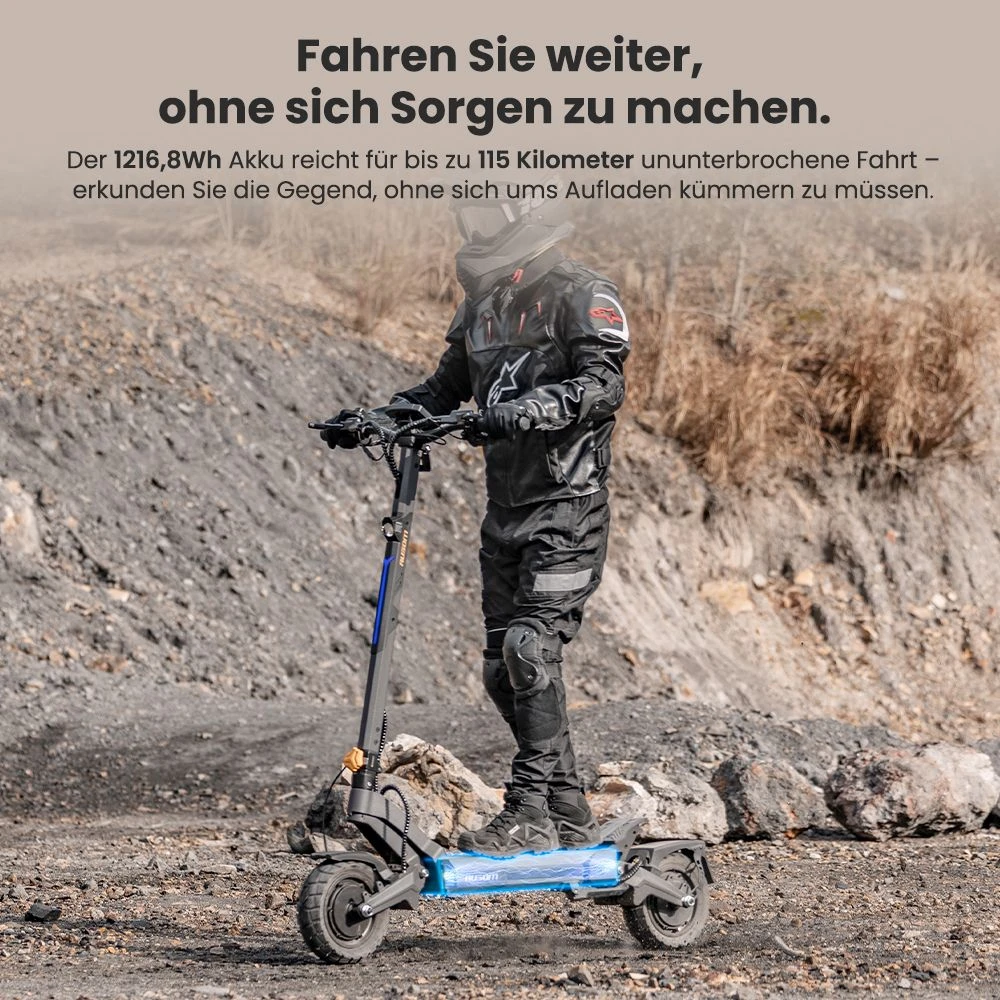 Ausom DT2 Pro Elektroroller, 2 x 1100 W Motor, 52 V 23,4 Ah, 10 x 3,0 Zoll Reifen, 68 km/h Höchstgeschwindigkeit, 115 km maximale Reichweite, hydraulische Scheibenbremsen vorne und hinten, Schwingenaufhängung