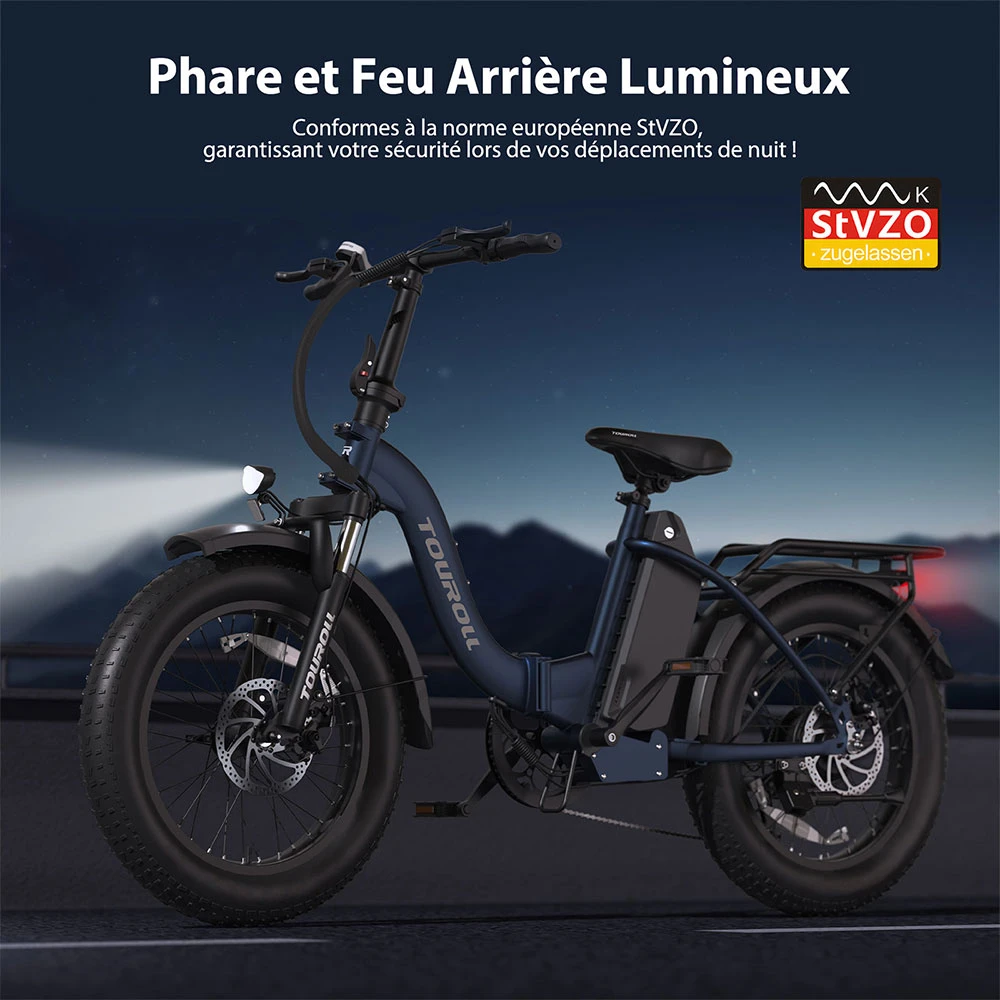 Touroll S2 Vélo électrique, puissance maximale de 650 W, batterie 48 V 15 Ah, pneu 20 x 4,0 pouces, vitesse maximale de 25 km/h, autonomie maximale de 150 km, frein à disque mécanique et frein électrique, amortisseur mécanique, Shimano 7 vitesses