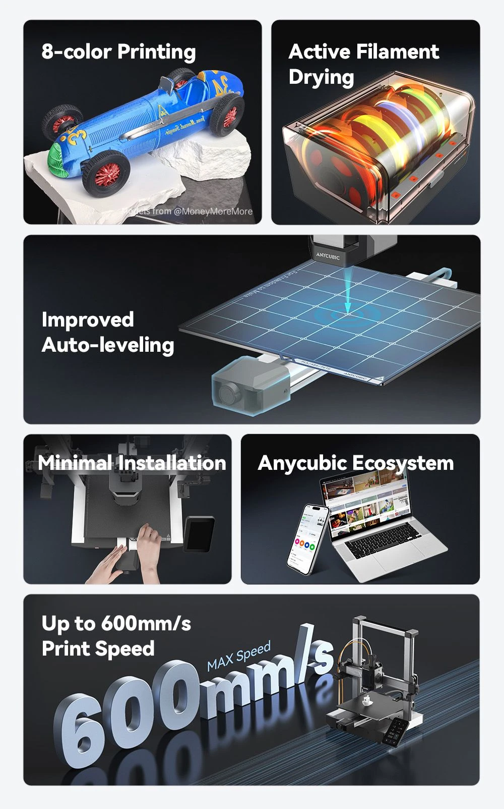 Imprimante 3D Anycubic Kobra 3 V2 Combo, ACE Pro Multicolore, caméra 720p, vitesse 600 mm/s, nivellement automatique, séchage du filament, 255 x 255 x 260 mm