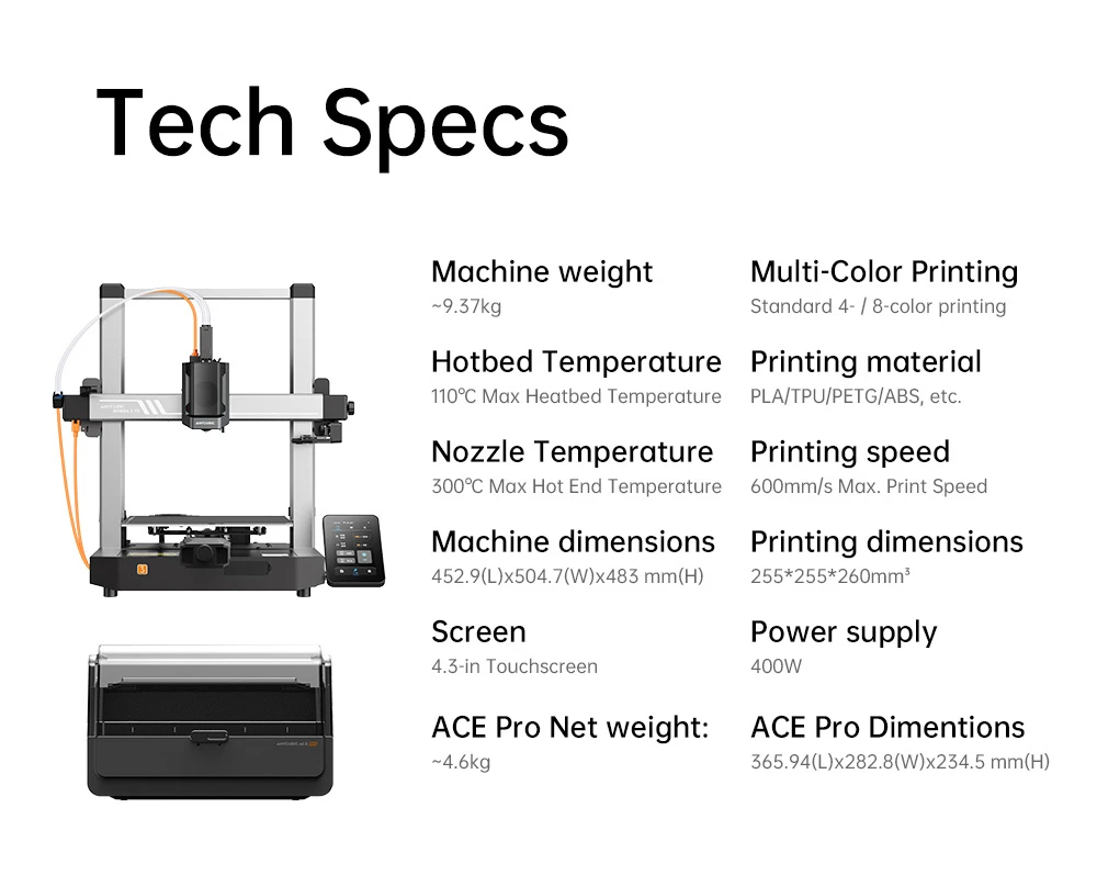 Imprimante 3D Anycubic Kobra 3 V2 Combo, ACE Pro Multicolore, caméra 720p, vitesse 600 mm/s, nivellement automatique, séchage du filament, 255 x 255 x 260 mm