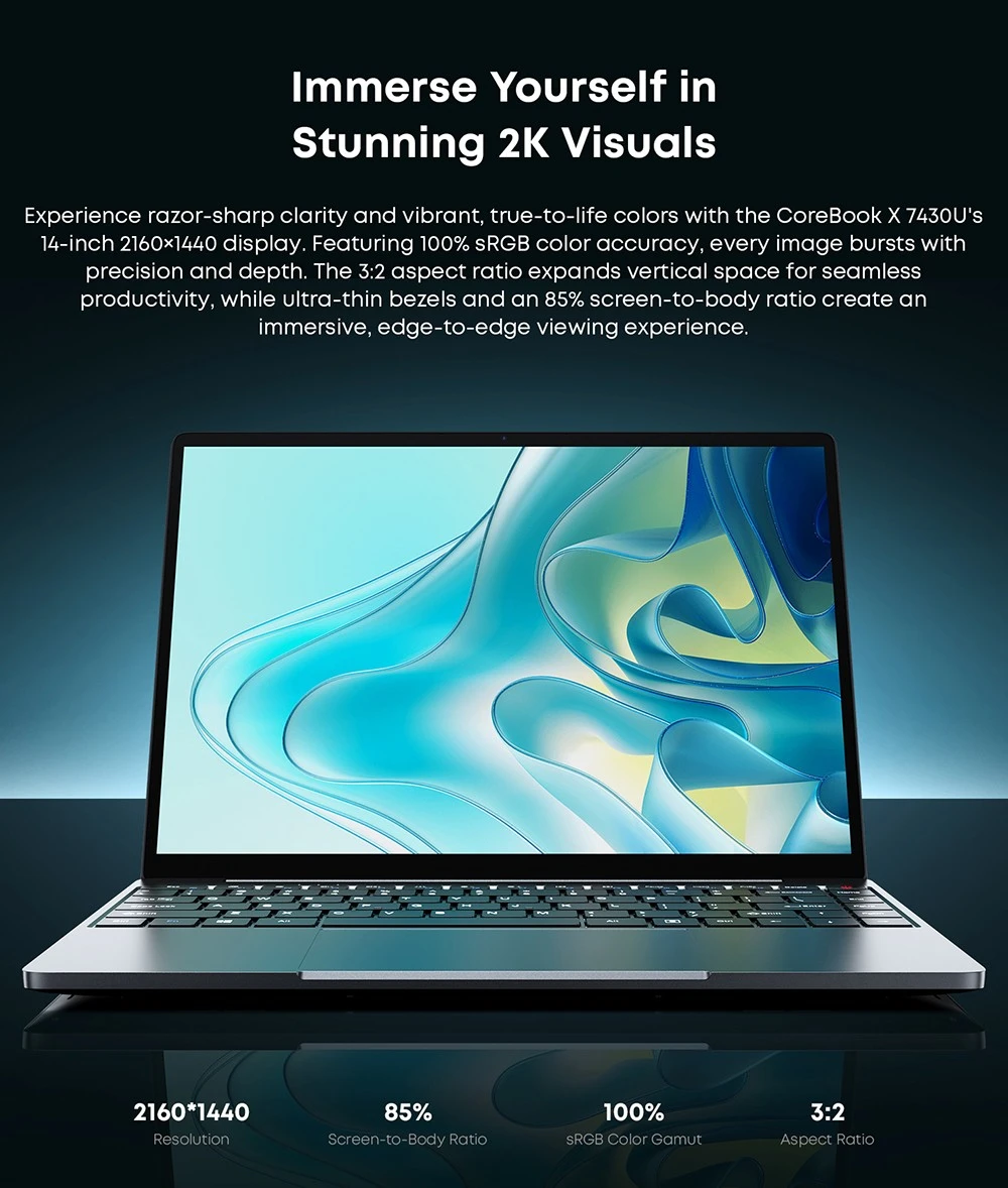 Φορητός υπολογιστής CHUWI CoreBook X, οθόνη 14 ιντσών 2160*1440, AMD Ryzen 5 7430U 6 πυρήνες Max 4,3 GHz, 16 GB RAM 512 SSD, WiFi 6 Bluetooth 5.2, μπαταρία 4000mAh, πληκτρολόγιο οπίσθιου φωτισμού, 1*Type-C με πλήρεις δυνατότητες, 2*USB3.0, 1*HDMI 1.4, 1*Υποδοχή κάρτας TF, 1*Υποδοχή ακουστικών