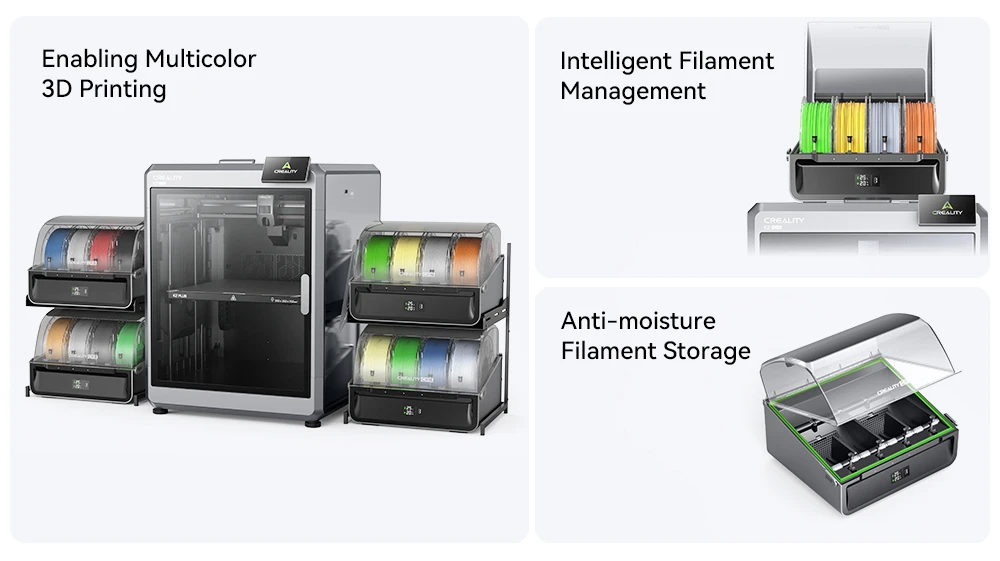 Système de filament Creality CFS pour K2 Plus, stockage étanche à l'humidité pour 4 bobines, impression 3D 16 couleurs