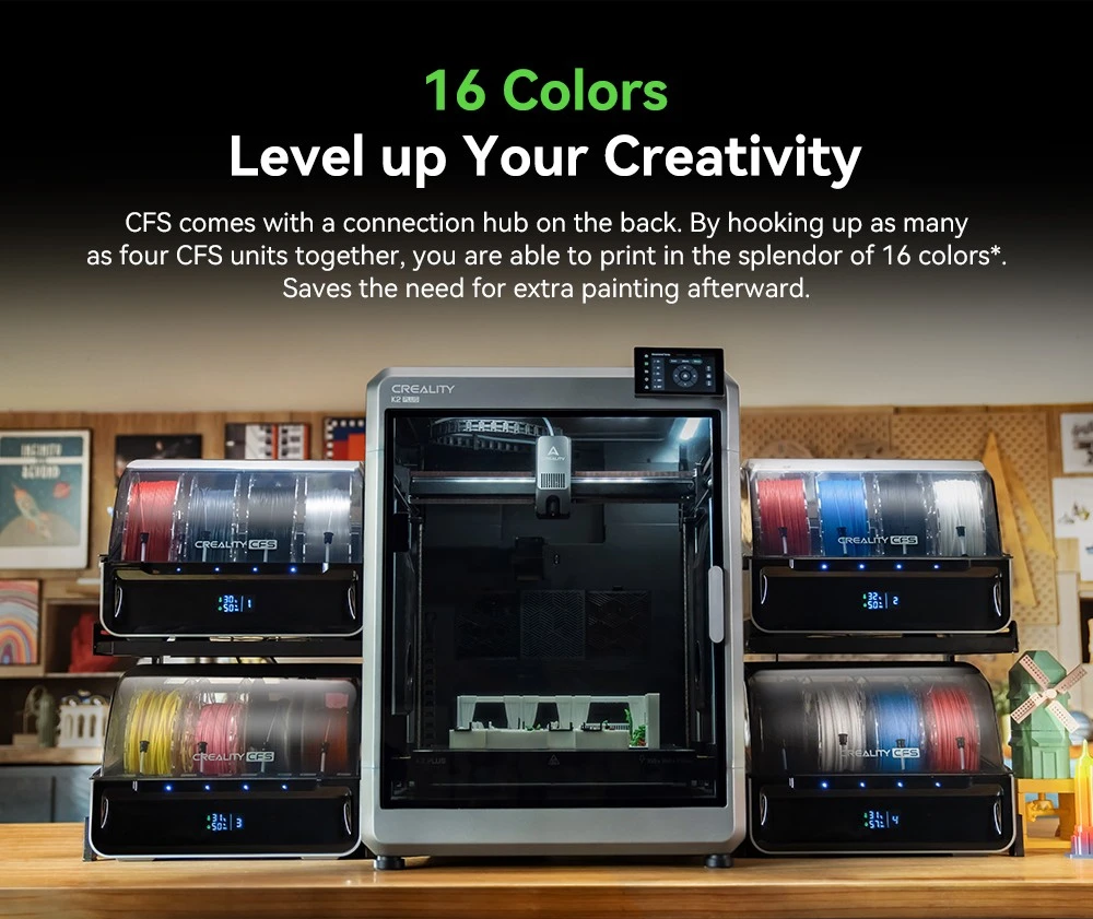 Système de filament Creality CFS pour K2 Plus, stockage étanche à l'humidité pour 4 bobines, impression 3D 16 couleurs