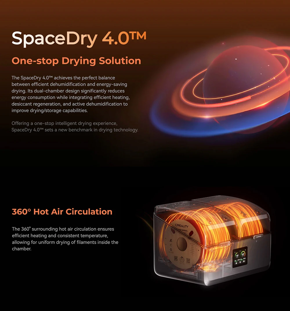 Boîte de séchage de filaments Creality SpacePi X4, stockage pour 4 bobines, double chambre de chauffe, température maximale de 85 °C, pour PLA/TPU/PETG/ABS/Nylon