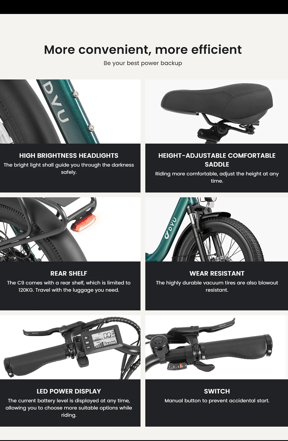 DYU C9 Folding Electric Bike, 250W Motor, 48V 15.6Ah Battery, 20*3.0 inch Tires, 25km/h Max Speed, 150km Range, Oil Brake, Front Shock Absorber, Shimano 7-speed - Green