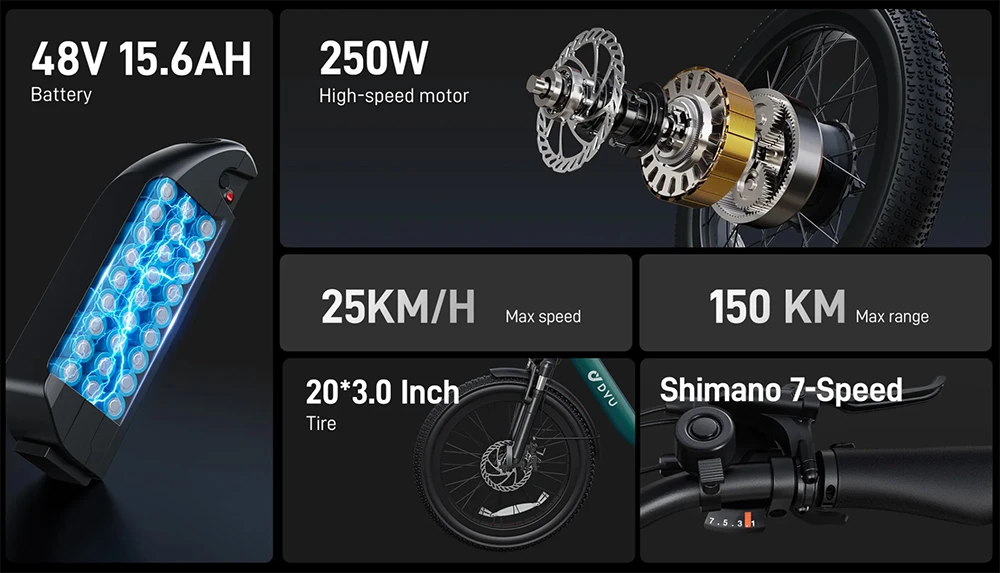 DYU C9 Folding Electric Bike, 250W Motor, 48V 15.6Ah Battery, 20*3.0 inch Tires, 25km/h Max Speed, 150km Range, Oil Brake, Front Shock Absorber, Shimano 7-speed - White