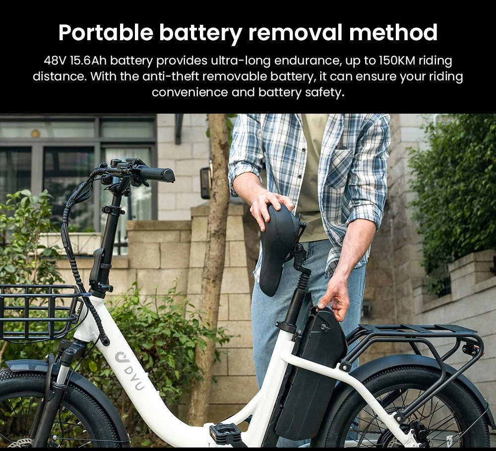 DYU C9 Folding Electric Bike, 250W Motor, 48V 15.6Ah Battery, 20*3.0 inch Tires, 25km/h Max Speed, 150km Range, Oil Brake, Front Shock Absorber, Shimano 7-speed - White