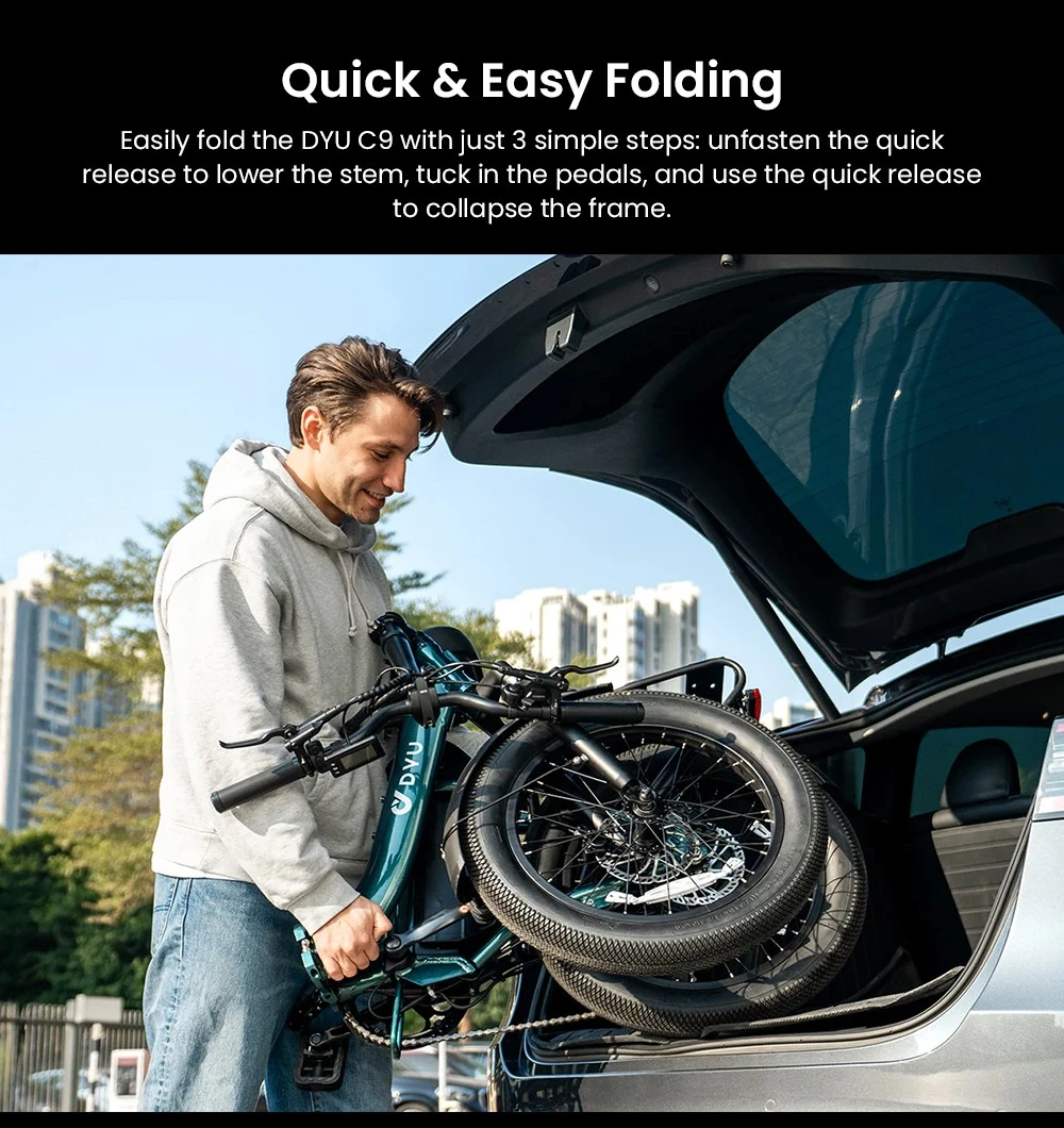 DYU C9 Folding Electric Bike, 250W Motor, 48V 15.6Ah Battery, 20*3.0 inch Tires, 25km/h Max Speed, 150km Range, Oil Brake, Front Shock Absorber, Shimano 7-speed - White