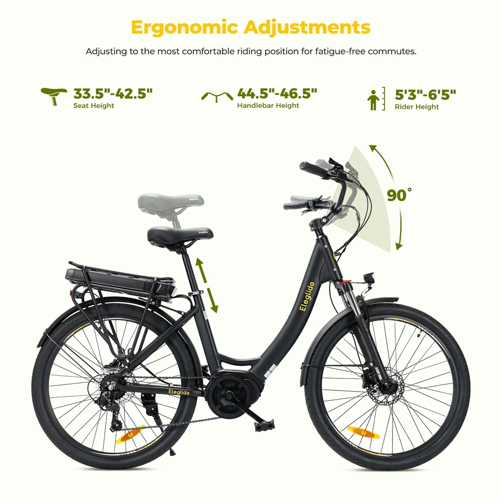 Eleglide C2 Electric Bike, 250W Mid-drive Motor, 36V 13Ah Battery, 26 inch Tires, 25km/h Max Speed, 100km Range, Hydraulic Disc Brake, Suspension with Lockout, Shimano 7-speed