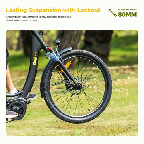 Eleglide C2 Electric Bike, 250W Mid-drive Motor, 36V 13Ah Battery, 26 inch Tires, 25km/h Max Speed, 100km Range, Hydraulic Disc Brake, Suspension with Lockout, Shimano 7-speed