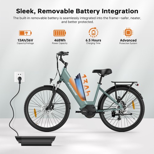 Foride Urbano 1 Electric Bike, 250W Mid-drive Motor, 36V 13Ah Battery, 26 inch Tires, 25km/h Max Speed, 110km Range, Hydraulic Disc Brake, Suspension Fork with Lockout, Shimano 7-speed