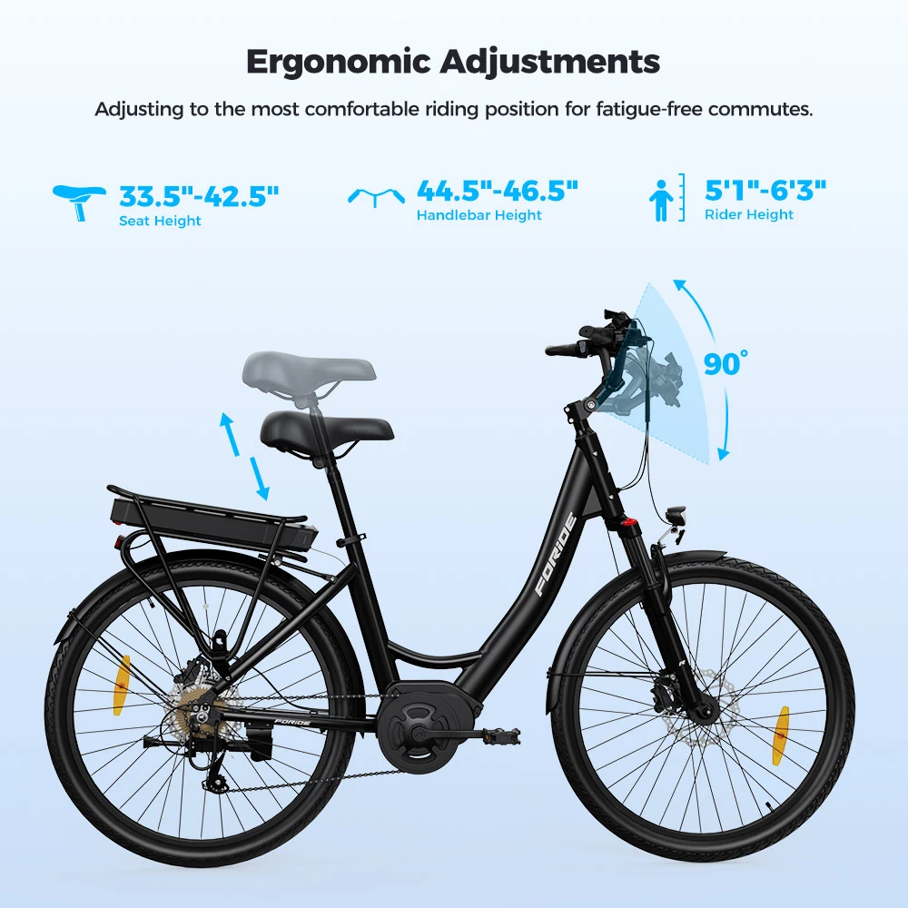 Foride Urbano 2 Electric Bike, 250W Mid-drive Motor, 36V 13Ah Battery, 26 inch Tires, 25km/h Max Speed, 100km Range, Hydraulic Disc Brake, Suspension with Lockout, Shimano 7-speed