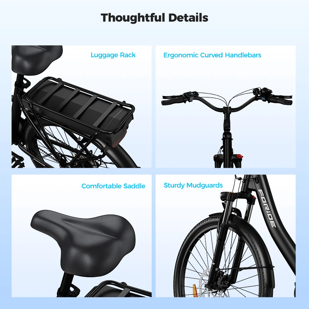 Foride Urbano 2 Electric Bike, 250W Mid-drive Motor, 36V 13Ah Battery, 26 inch Tires, 25km/h Max Speed, 100km Range, Hydraulic Disc Brake, Suspension with Lockout, Shimano 7-speed