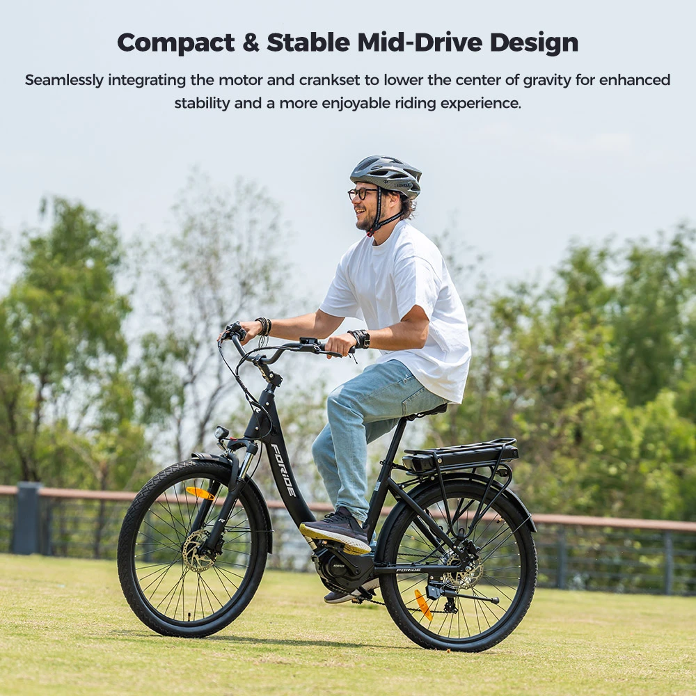 Foride Urbano 2 Electric Bike, 250W Mid-drive Motor, 36V 13Ah Battery, 26 inch Tires, 25km/h Max Speed, 100km Range, Hydraulic Disc Brake, Suspension with Lockout, Shimano 7-speed