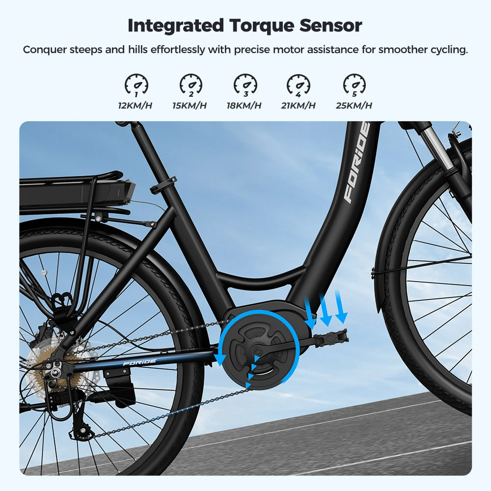 Foride Urbano 2 Electric Bike, 250W Mid-drive Motor, 36V 13Ah Battery, 26 inch Tires, 25km/h Max Speed, 100km Range, Hydraulic Disc Brake, Suspension with Lockout, Shimano 7-speed
