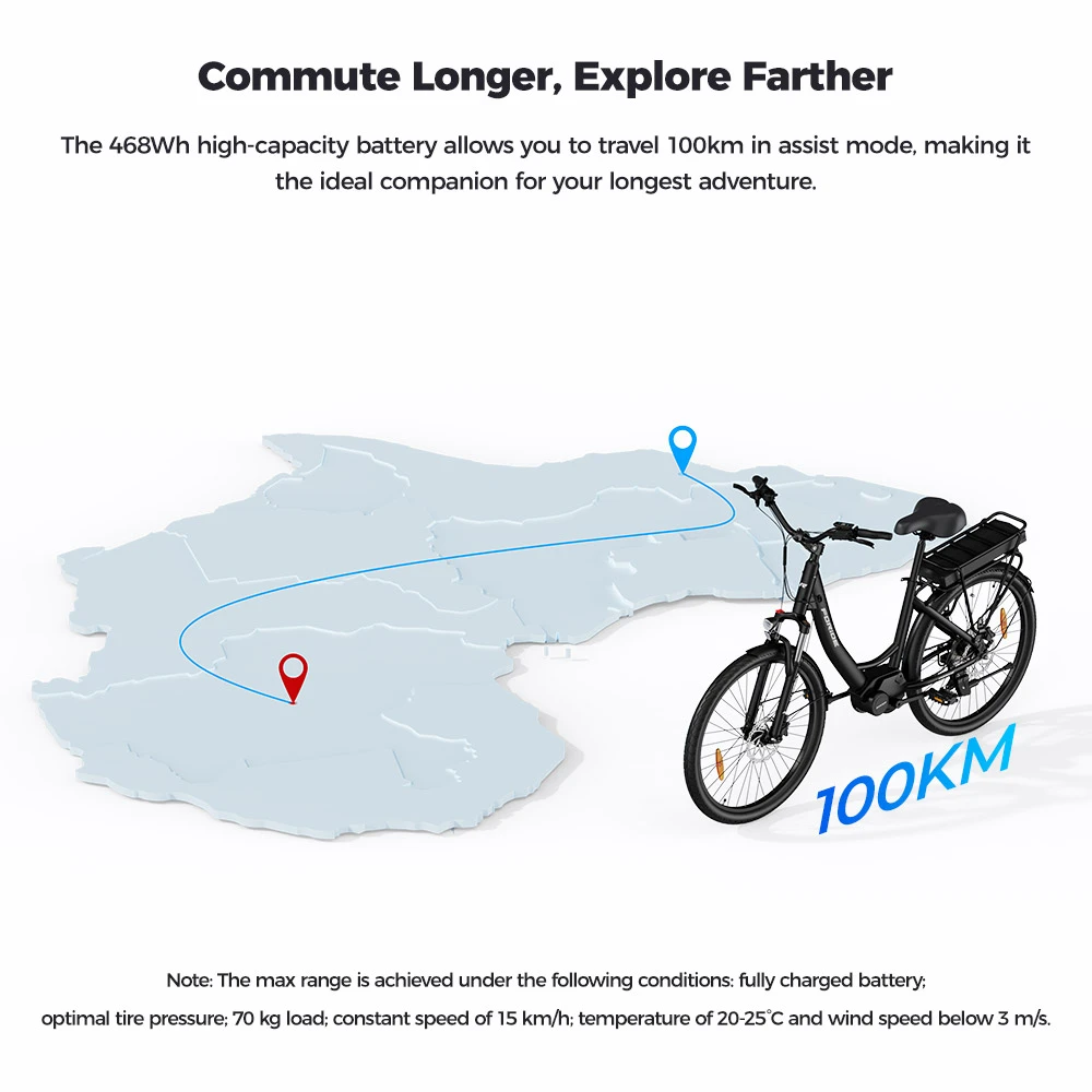 Foride Urbano 2 Electric Bike, 250W Mid-drive Motor, 36V 13Ah Battery, 26 inch Tires, 25km/h Max Speed, 100km Range, Hydraulic Disc Brake, Suspension with Lockout, Shimano 7-speed