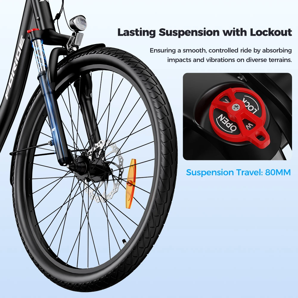 Foride Urbano 2 Electric Bike, 250W Mid-drive Motor, 36V 13Ah Battery, 26 inch Tires, 25km/h Max Speed, 100km Range, Hydraulic Disc Brake, Suspension with Lockout, Shimano 7-speed
