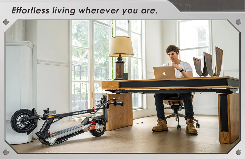 Trottinette électrique KuKirin M4 Max, moteur 800 W, batterie 48 V 18,2 Ah, pneus 10 pouces, vitesse maximale 45 km/h, autonomie 64 km, freins à disque avant et arrière, suspension à ressorts.