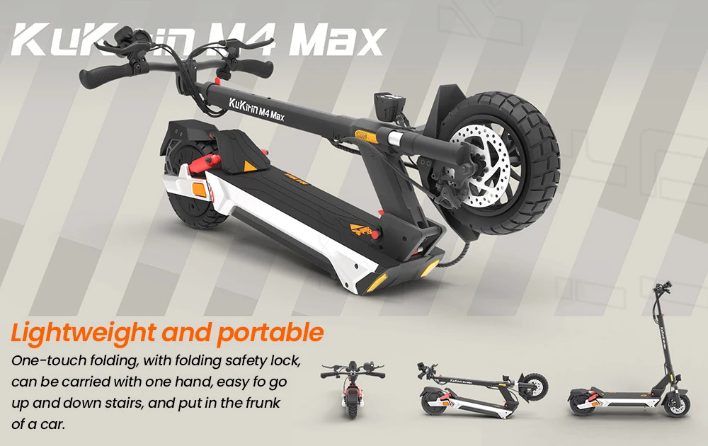 Trottinette électrique KuKirin M4 Max, moteur 800 W, batterie 48 V 18,2 Ah, pneus 10 pouces, vitesse maximale 45 km/h, autonomie 64 km, freins à disque avant et arrière, suspension à ressorts.