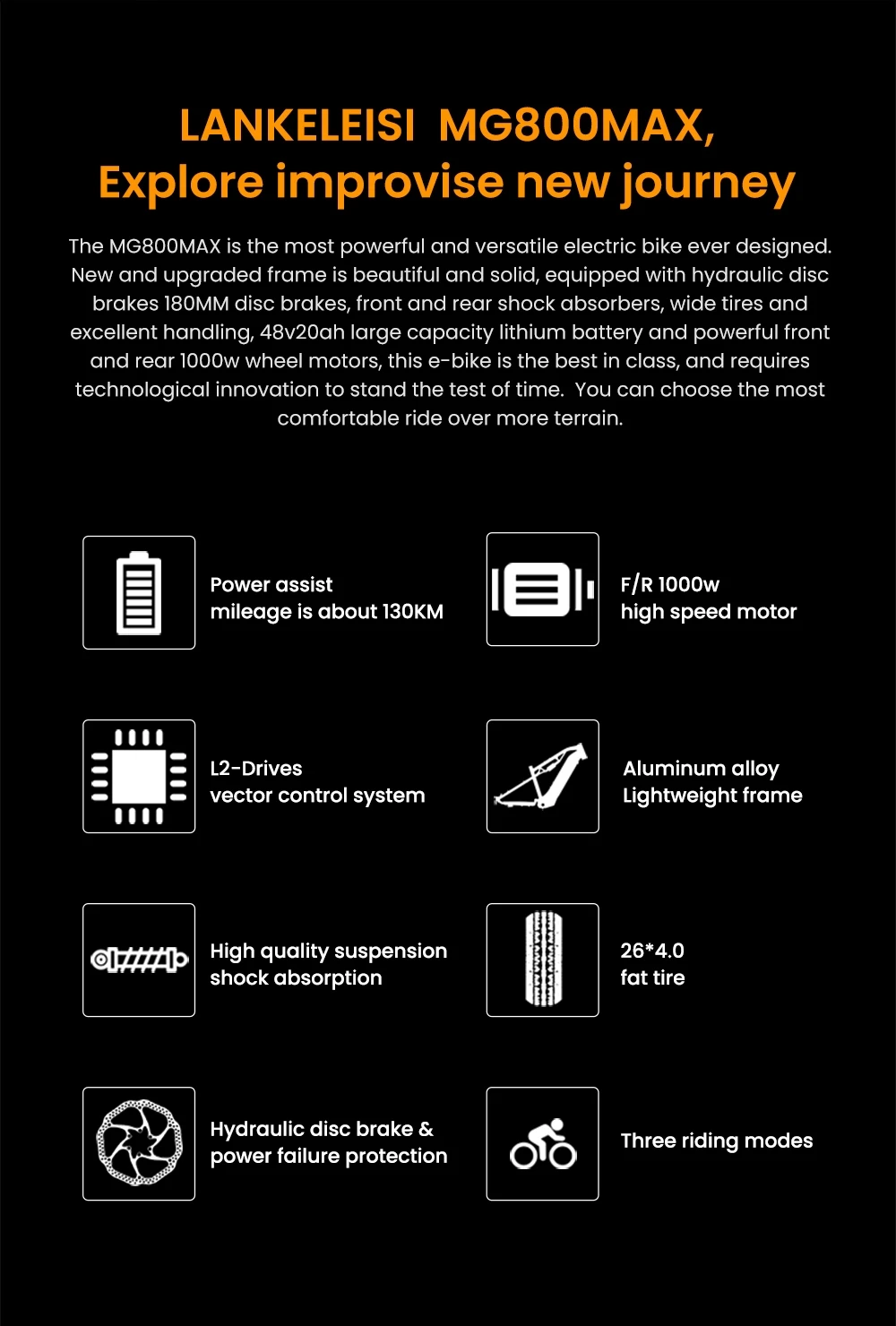 LANKELEISI MG800MAX Elektrofahrrad, 1000 W * 2 Motor, 48 V 20 Ah Batterie, 26 * 4,0 Zoll Reifen, 48 km/h Höchstgeschwindigkeit, 130 km Reichweite, Hydraulische Scheibenbremsen, Vorderradfederung mit Ölfederung und pneumatischer Hinterradstoßdämpfer, Shimano 7-Gang - Grau