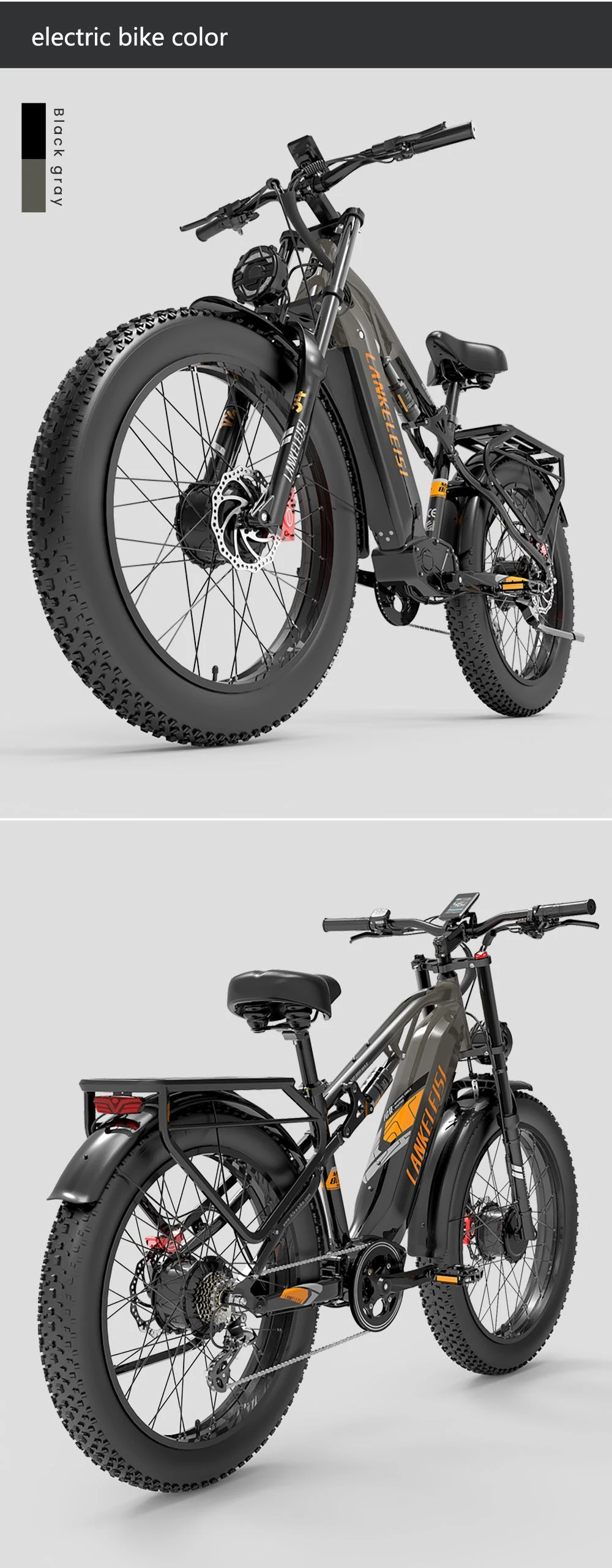 LANKELEISI MG800MAX Elektrofahrrad, 1000 W * 2 Motor, 48 V 20 Ah Batterie, 26 * 4,0 Zoll Reifen, 48 km/h Höchstgeschwindigkeit, 130 km Reichweite, Hydraulische Scheibenbremsen, Vorderradfederung mit Ölfederung und pneumatischer Hinterradstoßdämpfer, Shimano 7-Gang - Grau