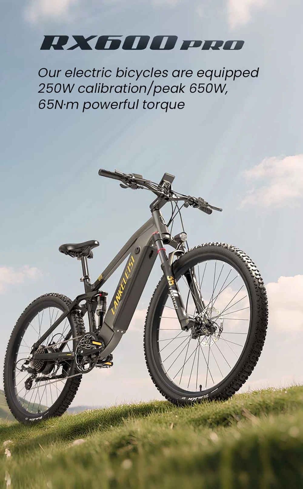 Bicicletta elettrica LANKELEISI RX600PRO, motore da 250 W, batteria da 48 V 20 Ah, pneumatici da 29 pollici, velocità massima 25 km/h, autonomia 150 km, freno a disco idraulico, ammortizzatore a molla idraulica, cambio Shimano a 8 velocità - Nero/Giallo