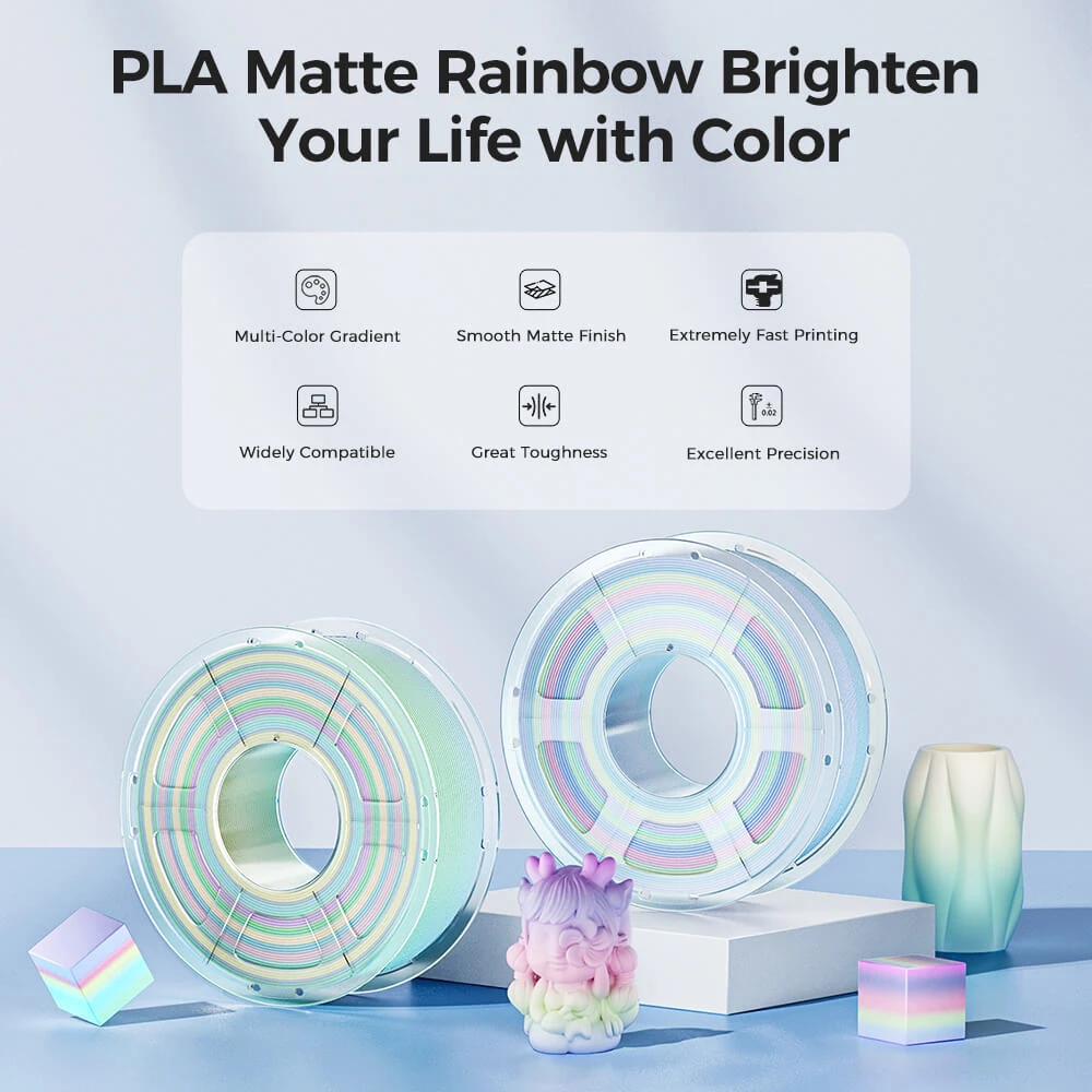 Filament d'imprimante 3D Mecpow Frosting Cake, PLA haute vitesse, arc-en-ciel mat, 1 kg, 30-600 mm/s, 190-210 °C