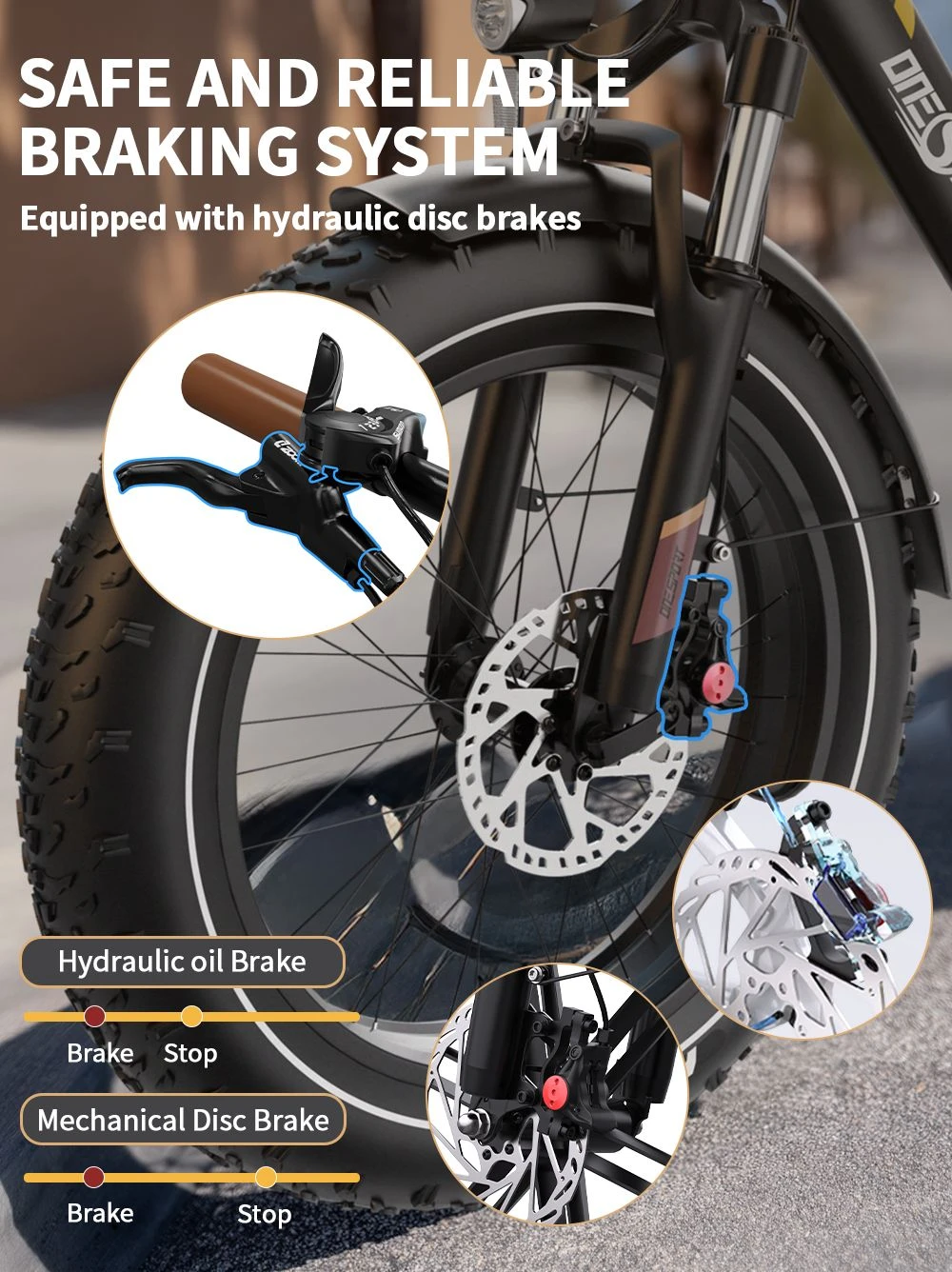 ONESPORT OT16 Max Electric Bike, 500W Motor, 48V 18Ah Battery, 20*4.0 inch Tires, 25km/h Max Speed, 120km Range, Hydraulic Disc Brakes, Front Suspension Fork, Shimano 7-speed - Black Brown